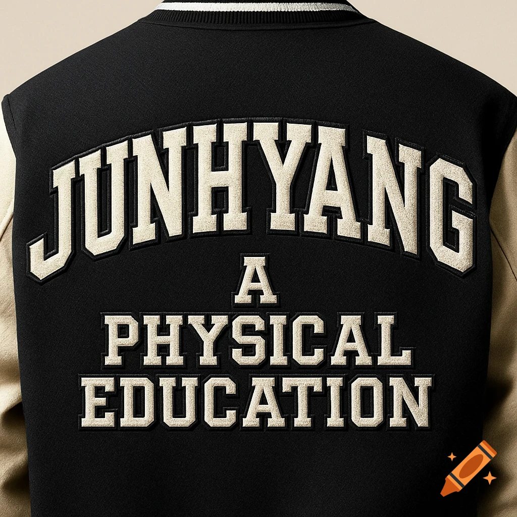 Close-up of the back of a black and beige varsity jacket with embroidered text reading "JUNHYANG A PHYSICAL EDUCATION" in cream letters.