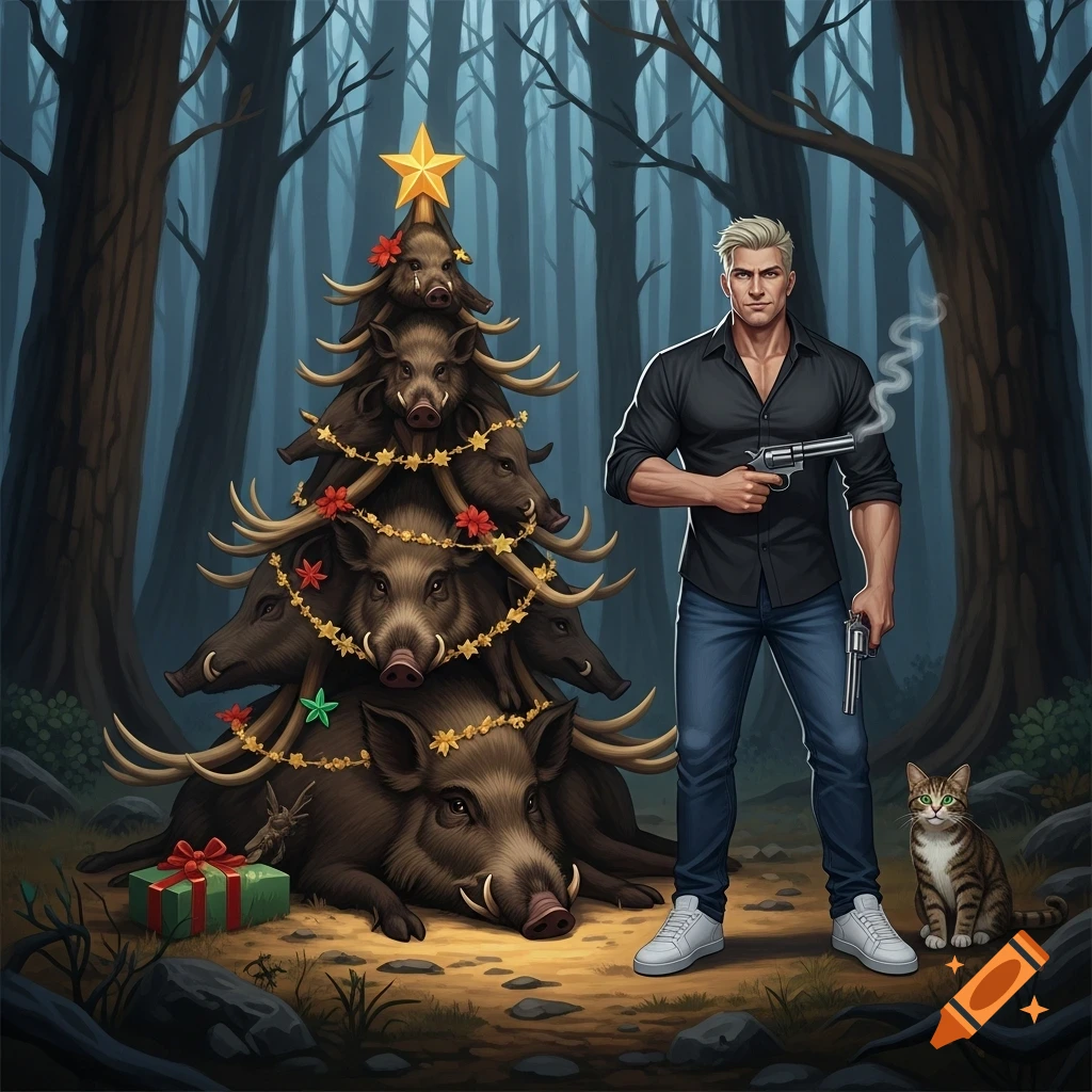 A man holding two smoking revolvers stands next to a Christmas tree made of wild boars, a cat, and a gift in a dark forest.