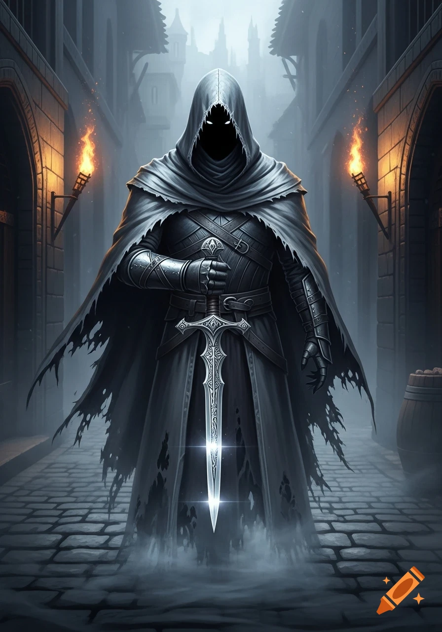 A dark, hooded assassin with glowing eyes stands in a medieval alley, holding a glowing ornate sword.