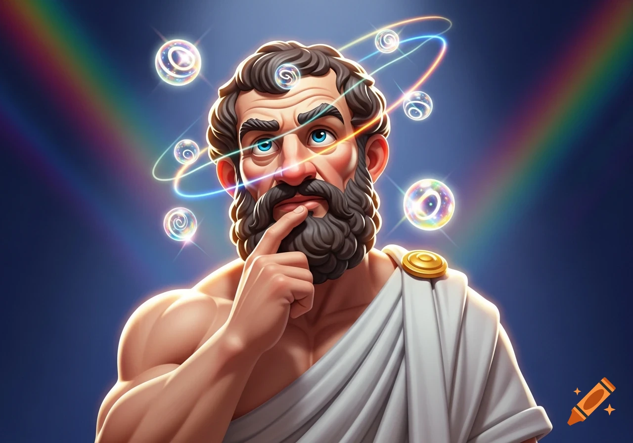 Cartoon portrait of an ancient Greek philosopher with a beard, deep in thought, with glowing particles and colorful light arcs around his head.