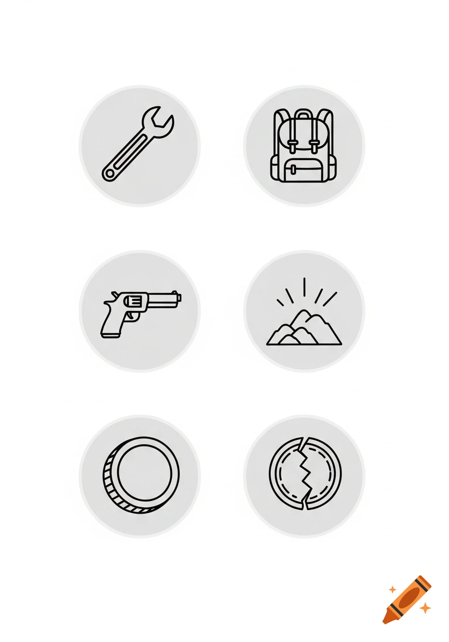 Six minimalist vector icons: a wrench, a backpack, a pistol, mountains, a coin, and a cracked coin, all in light gray circles on white.