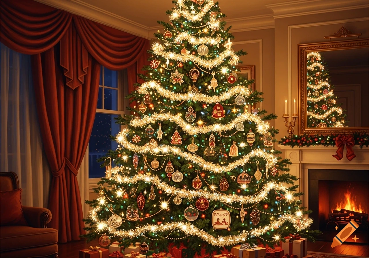 A brightly lit and decorated Christmas tree stands in a cozy room with presents underneath, a fireplace, and a mirror reflecting the tree.
