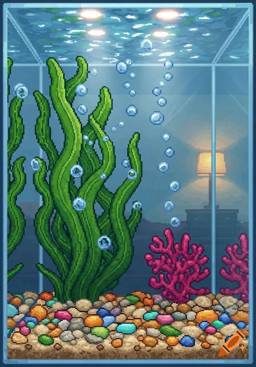 A vibrant pixel art fish tank features tall green seaweed, pink coral, colorful pebbles, and rising bubbles. A blurred lamp is in the background.