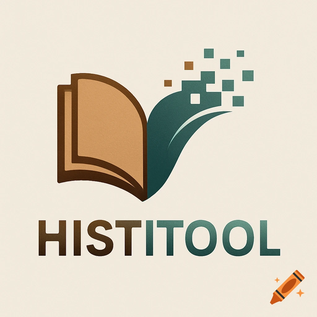 A logo featuring an open brown book and a teal leaf-like shape dissolving into pixels, with the word HISTITOOL below.