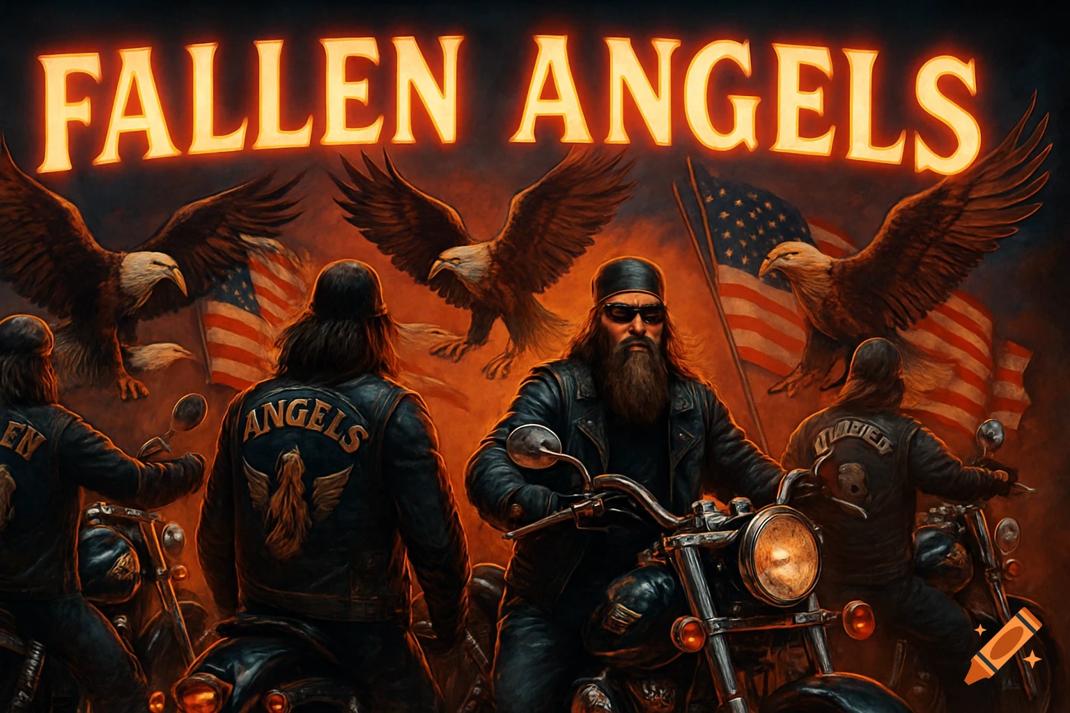 Dramatic illustration of bearded bikers on motorcycles, with large eagles and waving American flags in the background, under glowing text that reads "FALLEN ANGELS".