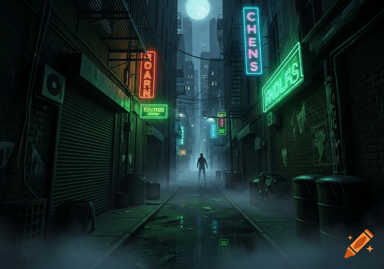 A lone, silhouetted figure stands in a foggy, dark urban alley at night, surrounded by glowing neon signs.