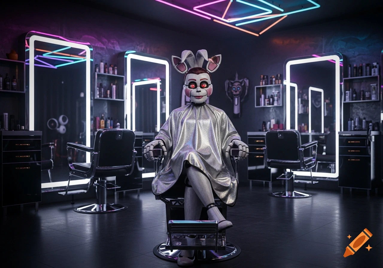 A clown-like animatronic in a salon cape sits in a barber's chair amidst neon lights in a glamrock salon.
