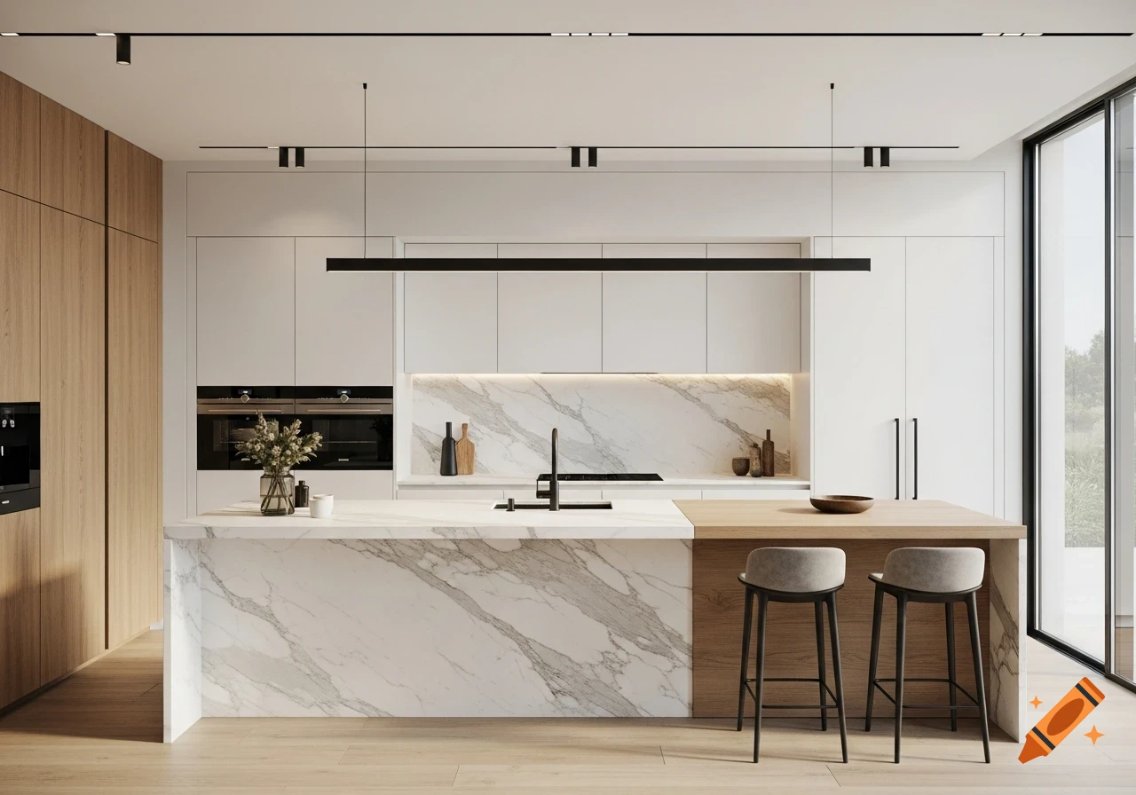 A modern luxury kitchen with a white marble island, light wood cabinetry, built-in ovens, and a large glass wall.