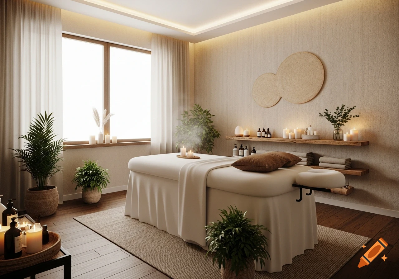 A tranquil, photorealistic spa room with a massage table, plants, candles, and natural wood shelves.