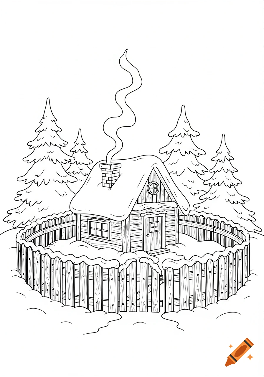A black and white coloring page showing a snowy cabin with a smoking chimney, surrounded by a fence and pine trees.