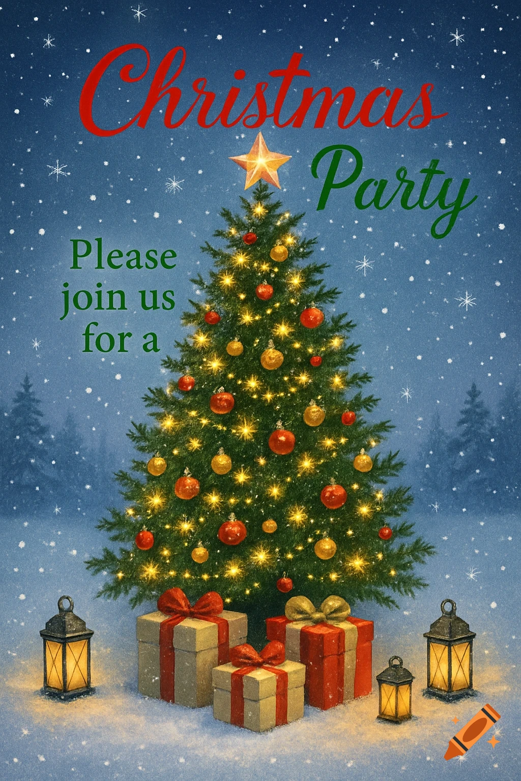 Festive illustration of a lit Christmas tree with gifts and lanterns in snow. Text: "Christmas Party Please join us for a."