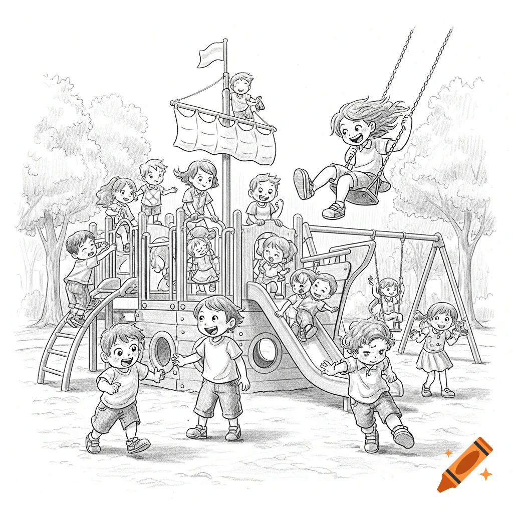Black and white pencil sketch of many happy children playing on a playground with a slide, swings, and a ship-like structure.