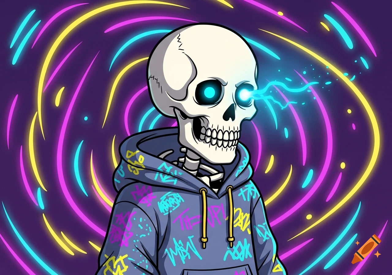 A cartoon skeleton in a hoodie with glowing blue eyes, against a vibrant, swirling neon background.