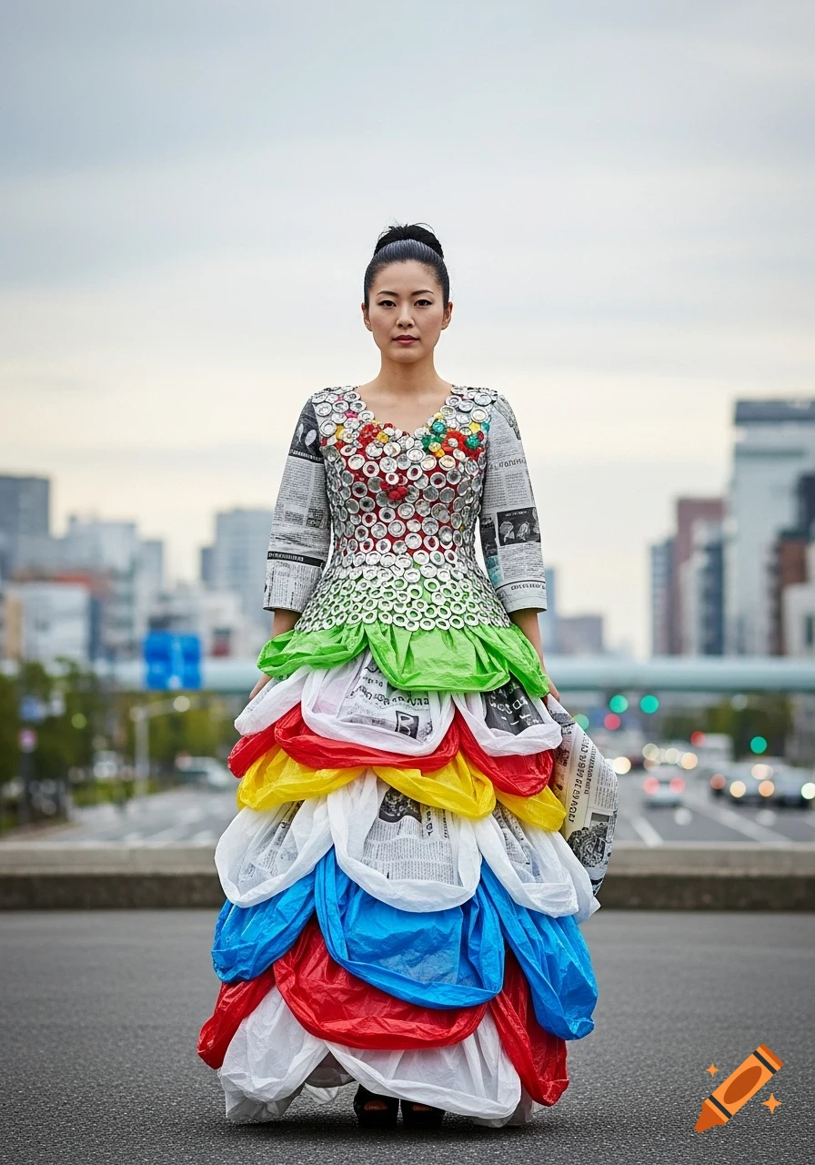 A Japanese woman models a dress made from newspaper, bottle caps, and colorful plastic bags, standing on a city street.