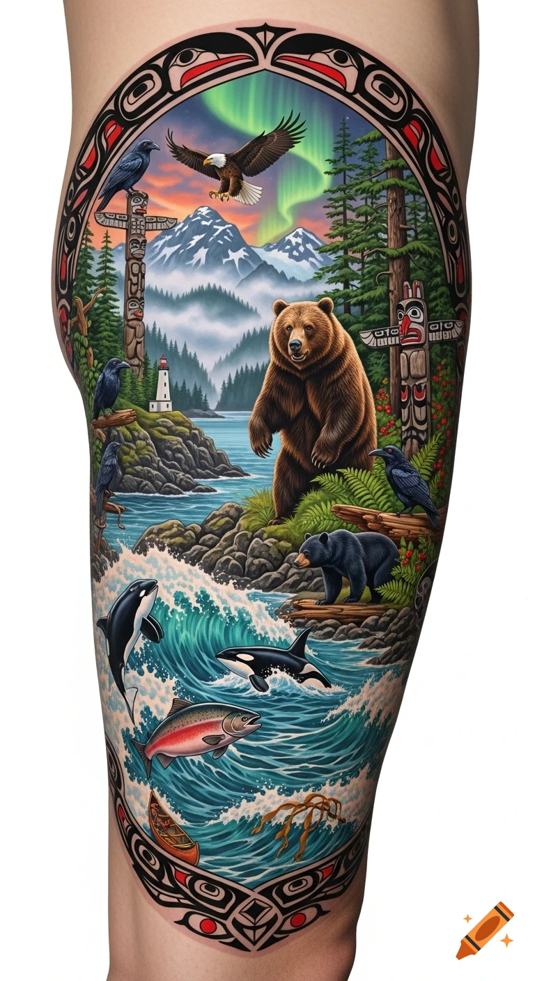 Photorealistic tattoo on a leg with grizzly bear, eagle, orcas, salmon, totem poles, and aurora over ocean mountains.