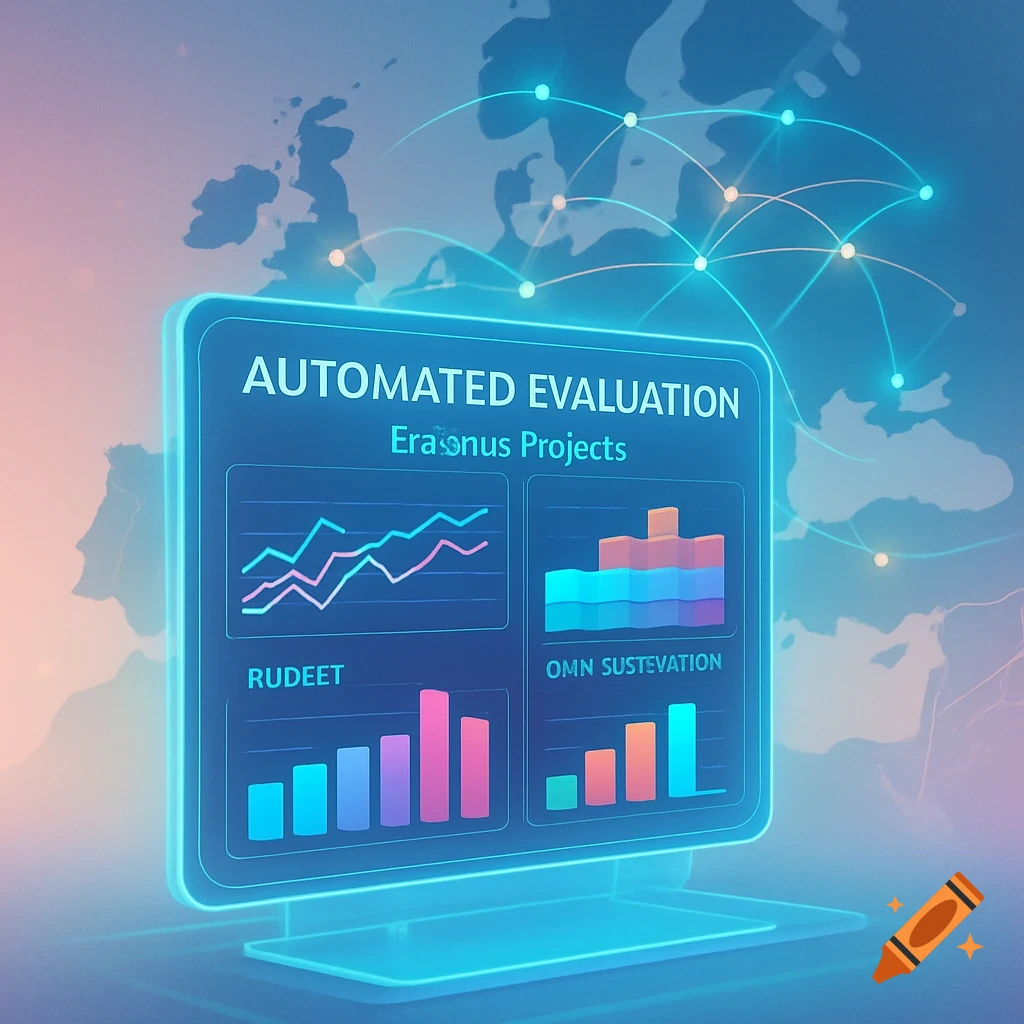 A glowing blue holographic screen displays 'AUTOMATED EVALUATION Erasmus Projects' with various data charts, set against a glowing map of Europe with network connections.