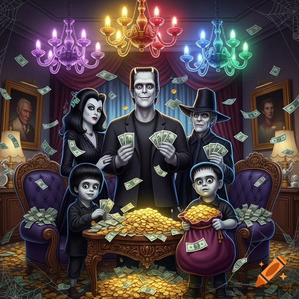 The Munsters family, including Frankenstein, Lily, Grandpa, and two children, stands in a lavish room with colorful chandeliers, surrounded by and holding piles of money.
