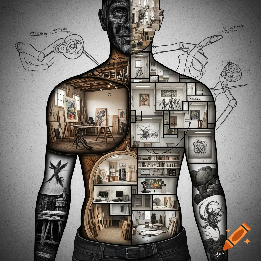 A surreal cutaway illustration of a human torso revealing an intricate, multi-room artist's studio within, surrounded by blueprint-style sketches.