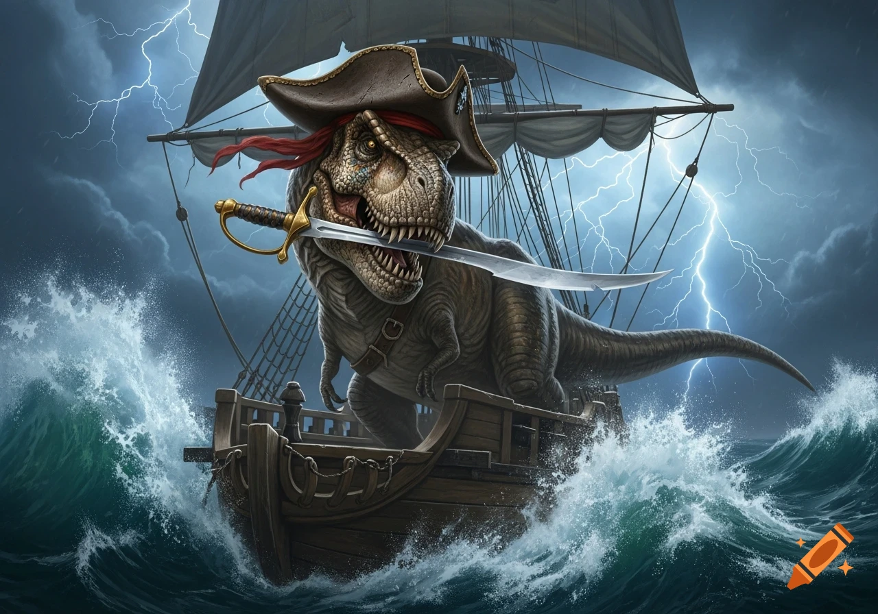 A fantasy illustration of a T-Rex pirate with a tricorn hat and a scimitar in its mouth, sailing a ship on a stormy sea with lightning.