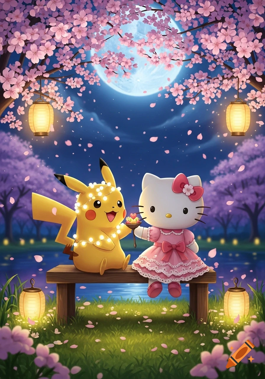 Pikachu, wrapped in fairy lights, and Hello Kitty, in a pink dress, sit on a bench under cherry blossoms and a full moon.