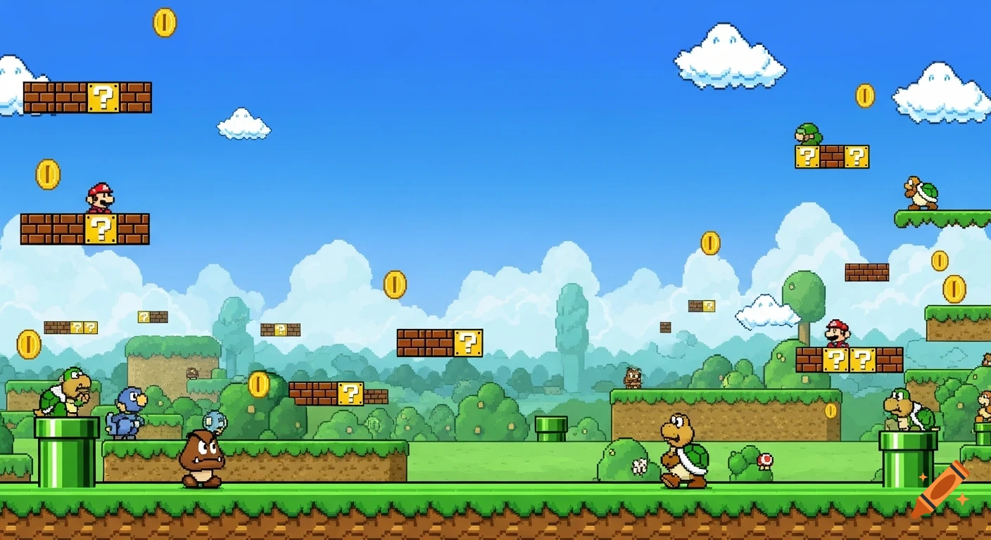 Pixel art Super Mario Bros. level with Mario, enemies, question blocks, coins, and pipes in a green landscape.
