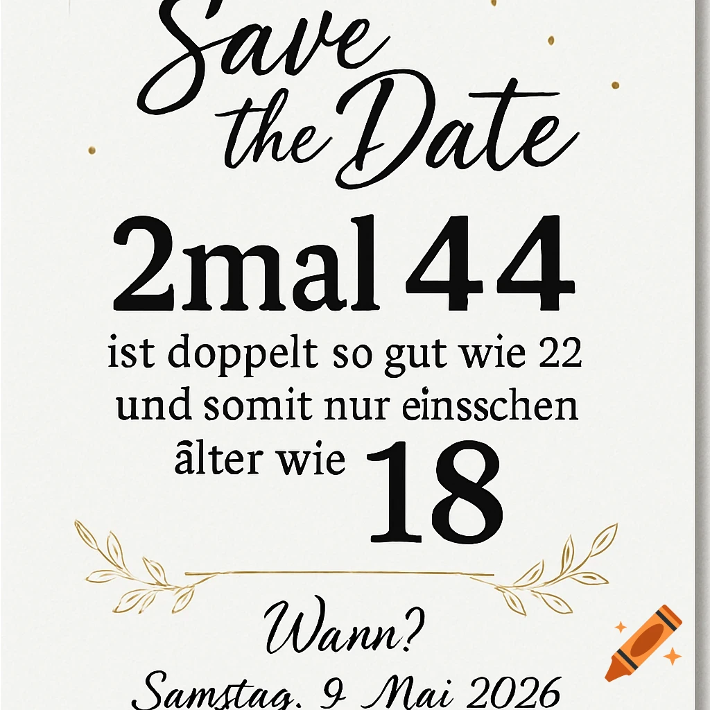 A white invitation card with black and gold text, reading 'Save the Date' and '2mal 44 ist doppelt so gut wie 22 und somit nur einsschen älter wie 18. Wann? Samstag. 9 Mai 2026'.