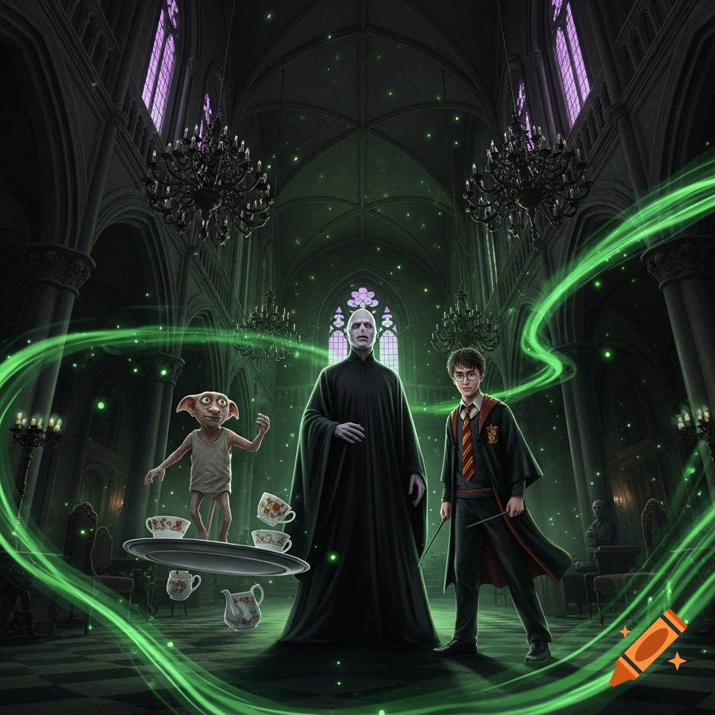 Voldemort, Harry Potter, and Dobby in a dark, gothic hall with swirling green magic and floating teacups.