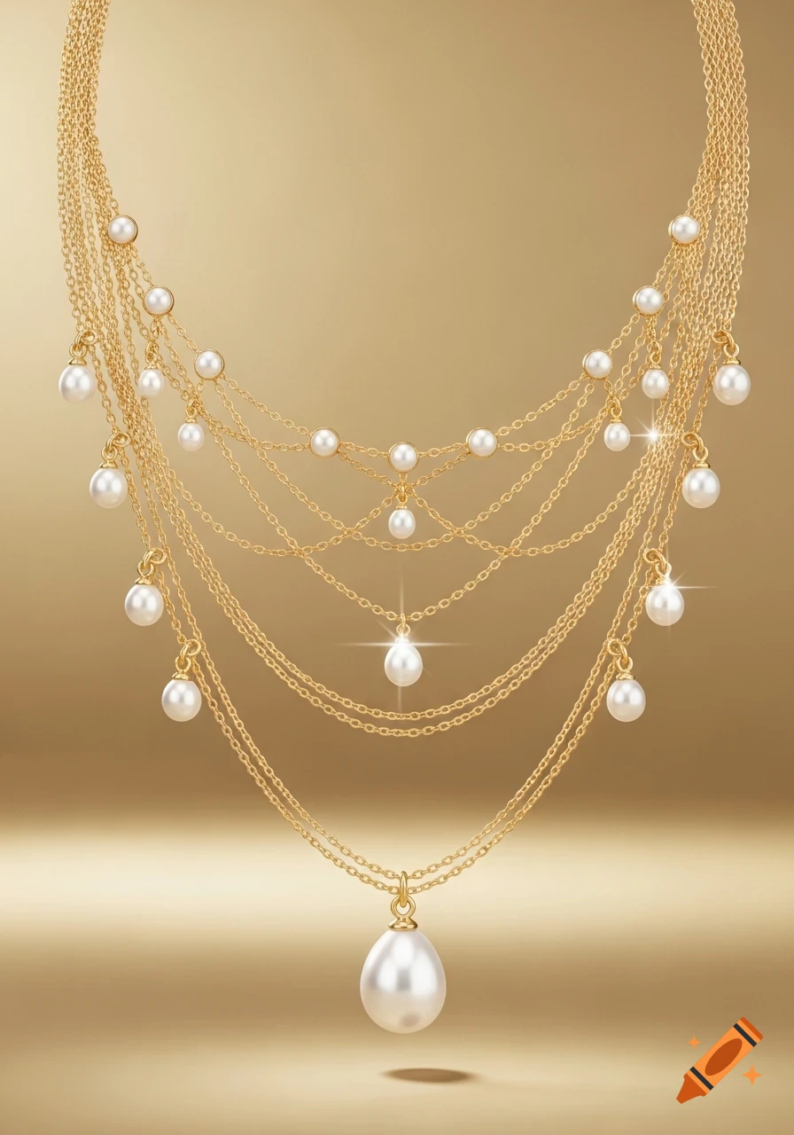 Ornate gold and pearl necklace with layered chains and a teardrop pearl centerpiece on a golden background.