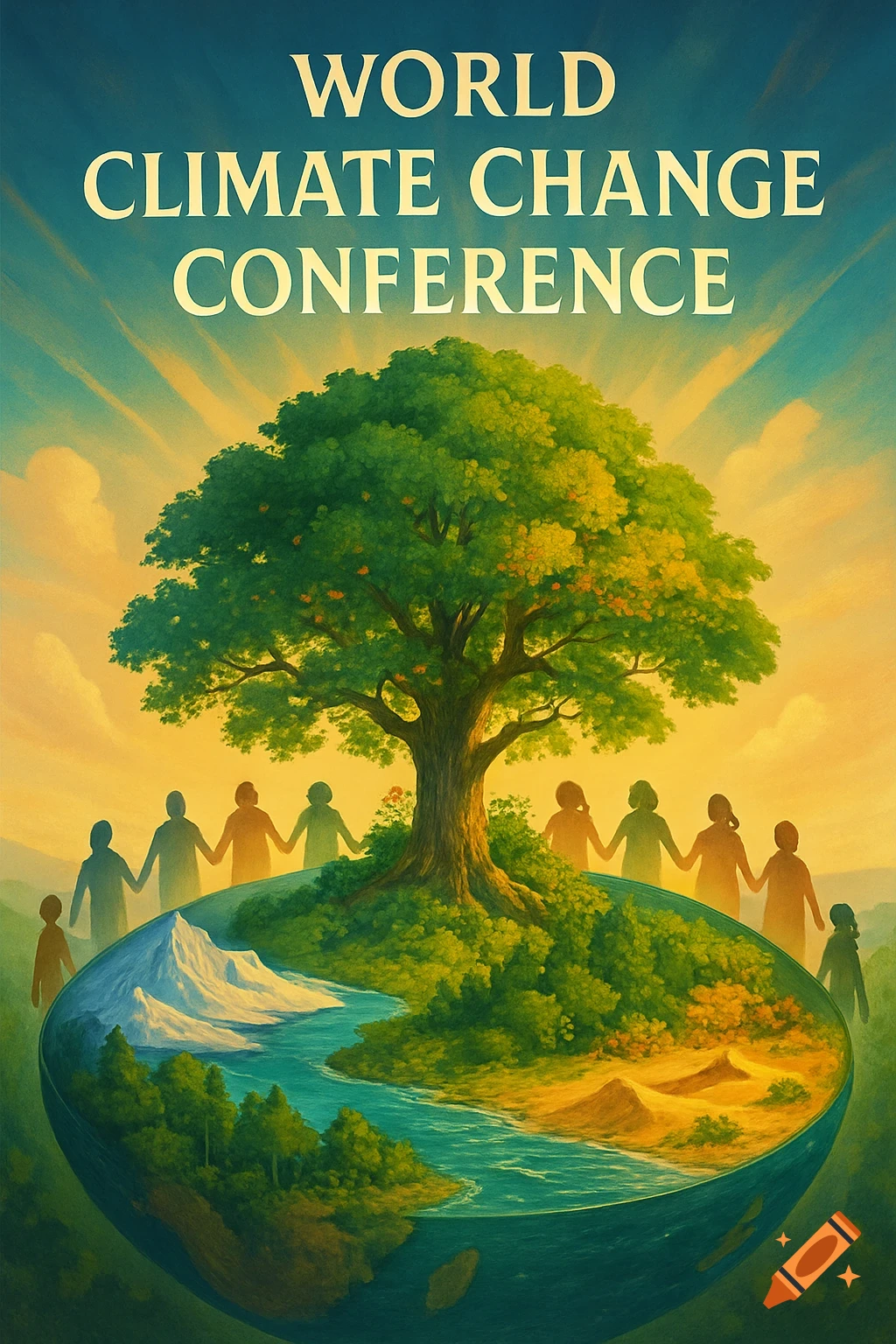 A vibrant poster for the World Climate Change Conference, featuring a large green tree on a globe with people holding hands.