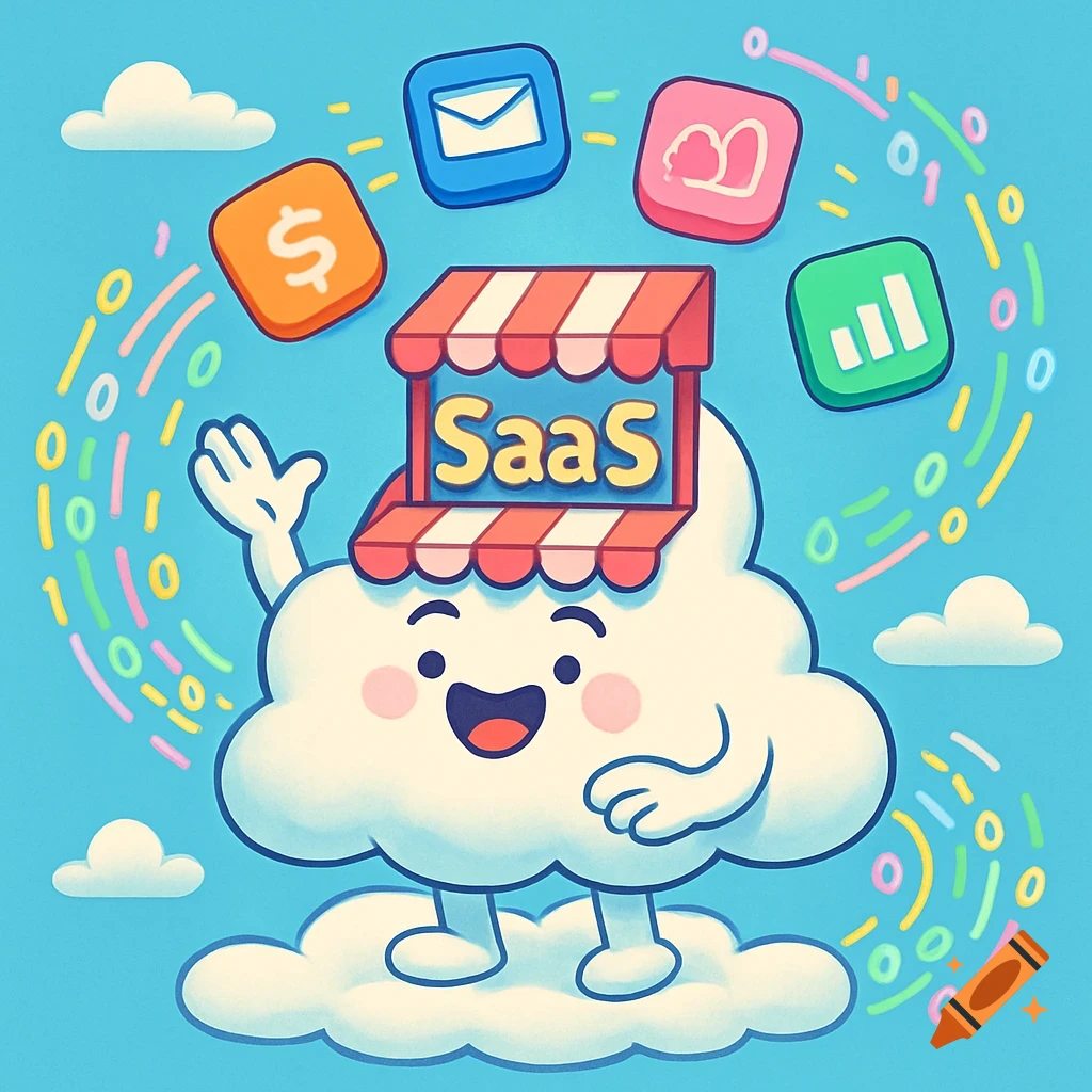 A happy cartoon cloud character with a "SaaS" awning, surrounded by app icons and binary code, on a blue sky.