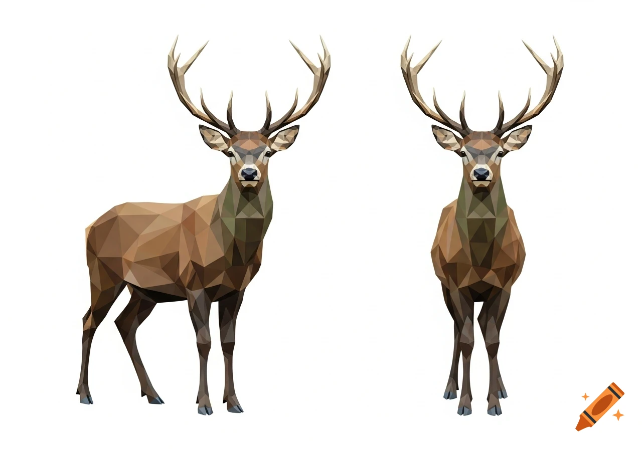Low-poly illustration of two brown deer with antlers, one standing in side view and the other in front view, on a white background.