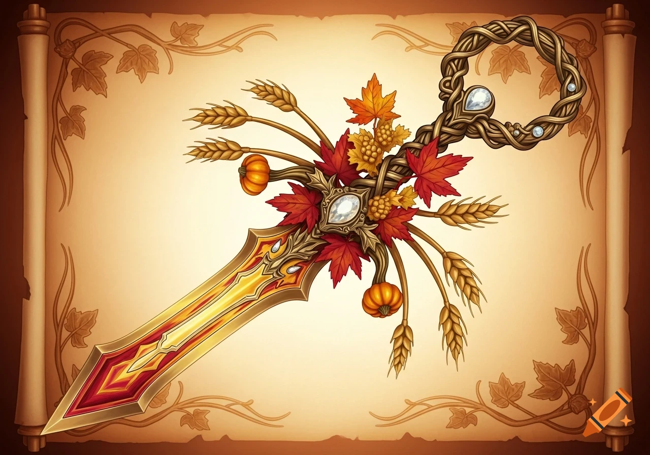 A fantasy keyblade adorned with red maple leaves, small pumpkins, and wheat stalks on an old scroll background.