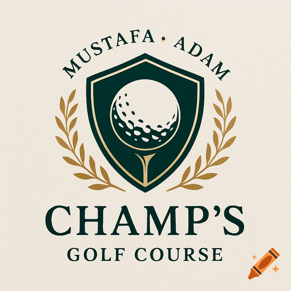 A classic green and gold golf course logo. A shield with a golf ball on a tee, flanked by laurel leaves. Text reads "Mustafa Adam Champ's Golf Course".