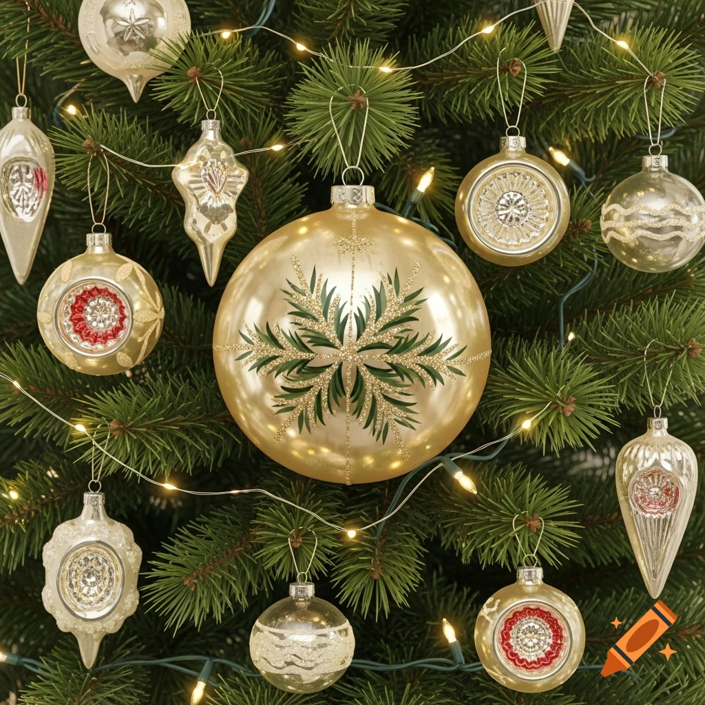 Close-up of a Christmas tree adorned with gold and silver ornaments, some with red and green details, and glowing string lights.