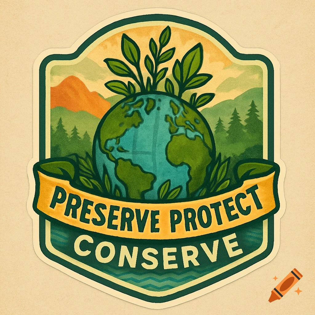 A stylized conservation sticker featuring a globe with growing plants, mountains, and trees, with a banner reading 'PRESERVE PROTECT CONSERVE'.