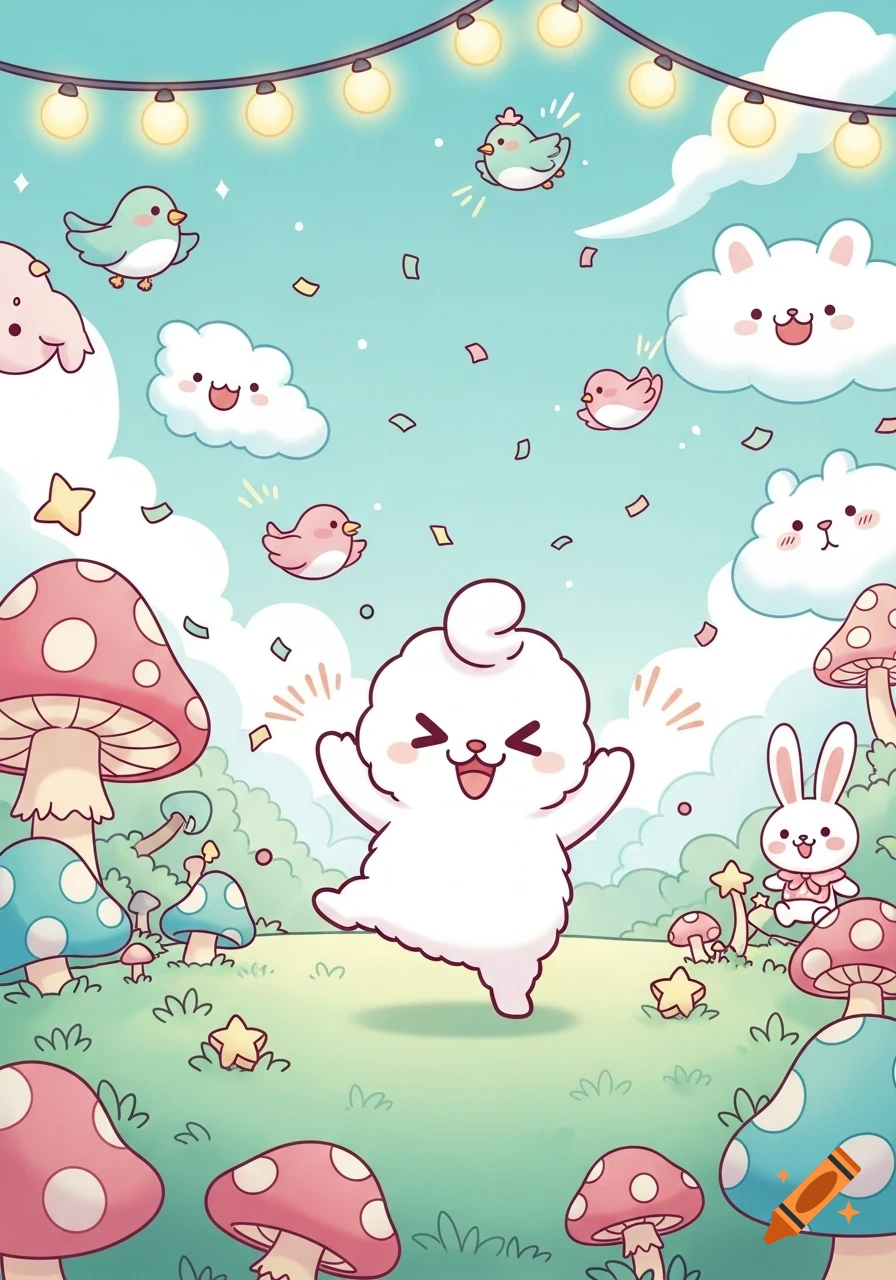 A fluffy white creature with a wide smile and closed eyes waves, surrounded by pastel mushrooms, flying birds, and smiling clouds under string lights in a whimsical, light blue landscape.