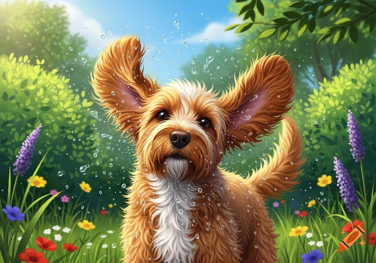Wet, fluffy Cockapoo dog with large floppy ears shaking off water in a vibrant green garden with colorful flowers. Illustration.
