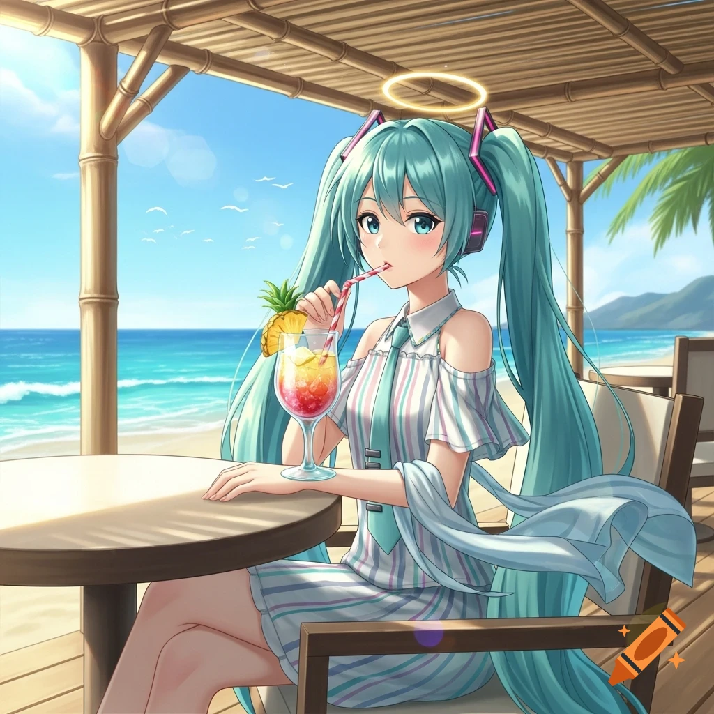 Anime girl Hatsune Miku in summer clothes sips a fruit drink with a straw at an outdoor beach cafe, a halo above her head.