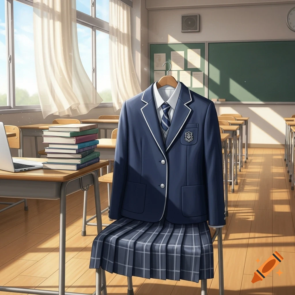 Anime style illustration of a blue school uniform on a chair in a classroom with books and a laptop on a desk.