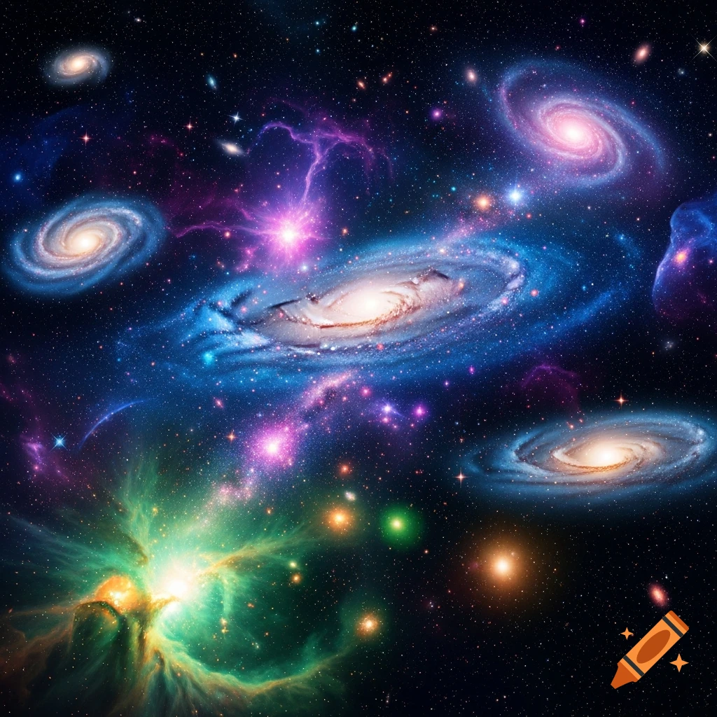 A vibrant cosmic scene featuring multiple spiral galaxies, colorful nebulae in blue, purple, and green hues, and countless twinkling stars.