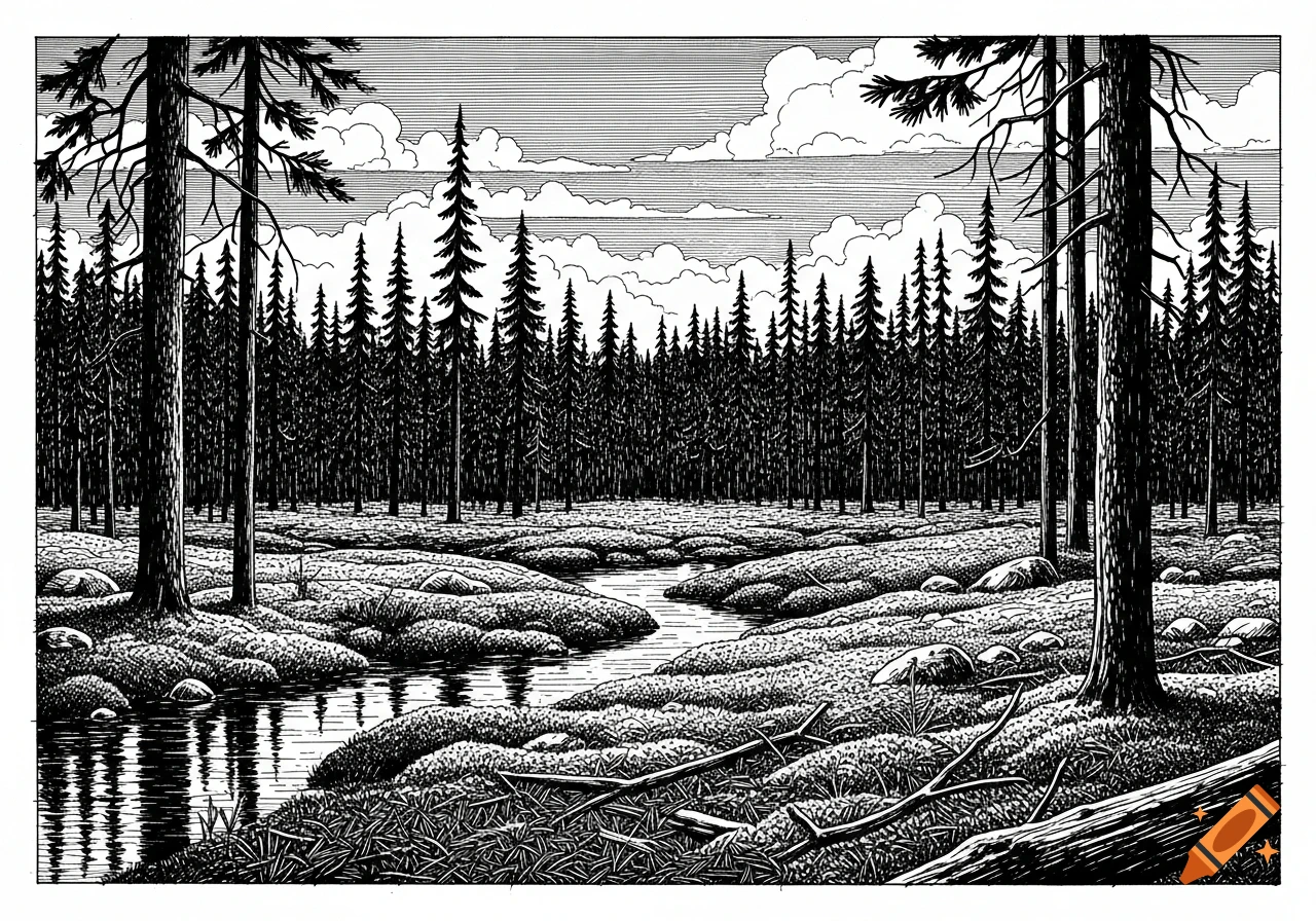 Black and white ink drawing of a taiga forest with a winding stream through a mossy, rocky landscape under a cloudy sky.