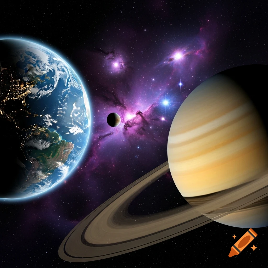 A photorealistic image of Earth and ringed Saturn in space, with a small moon and a vibrant purple nebula against a starry background.