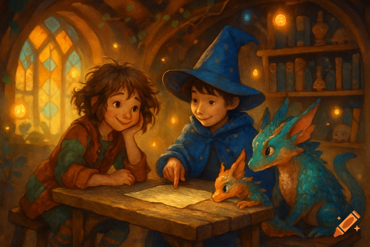 Whimsical painterly illustration of a girl and a young wizard with two small dragons at a table in a cozy, magical room.