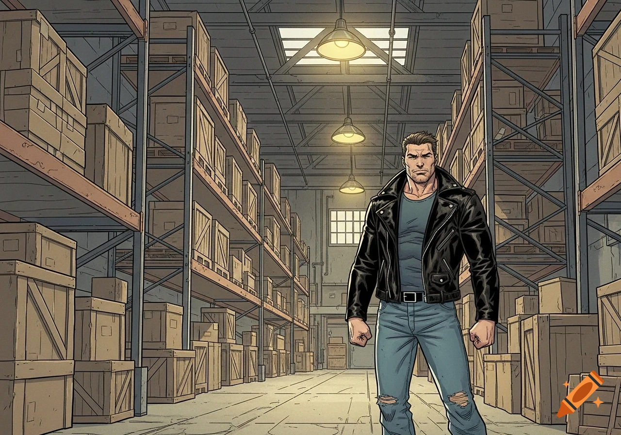 Comic book illustration of a tough-looking man in a leather jacket standing in a large warehouse filled with boxes.