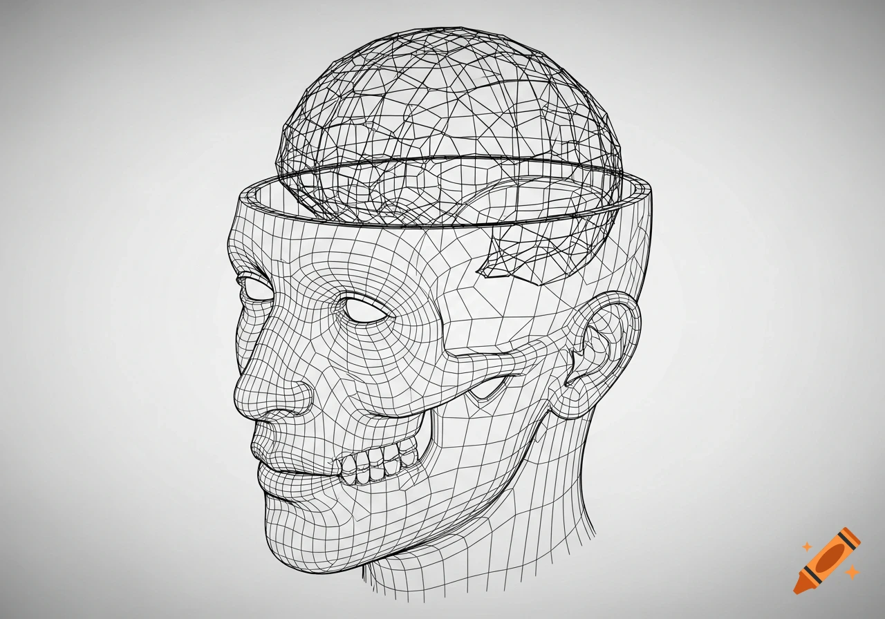 Wireframe 3D rendering of a human head with the top open, revealing a wireframe brain inside, against a light gray background.