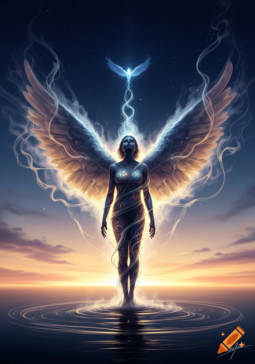A celestial winged female figure with cosmic patterns on her skin rises from water at dawn under a starry sky, with a glowing bird above.