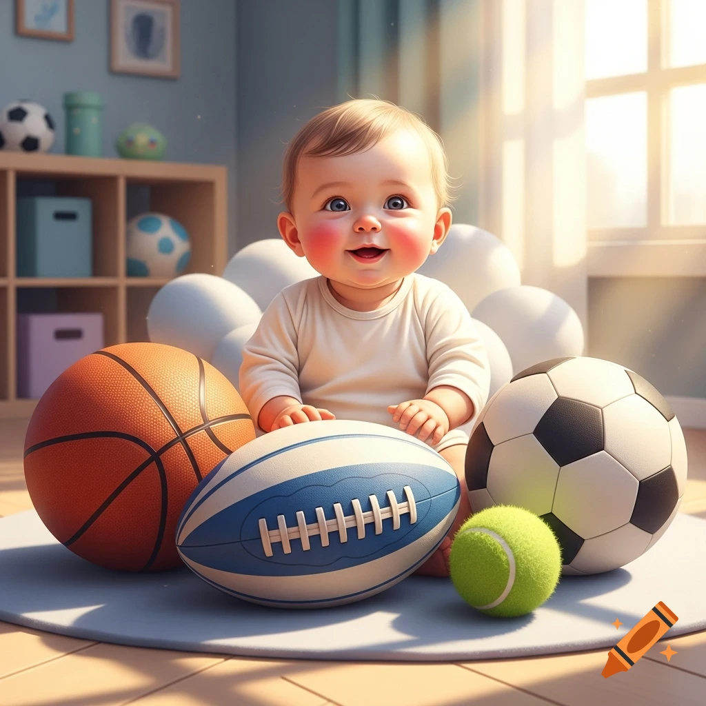 A happy baby with rosy cheeks sits on a rug, surrounded by a basketball, rugby ball, soccer ball, and tennis ball in a sunny room.