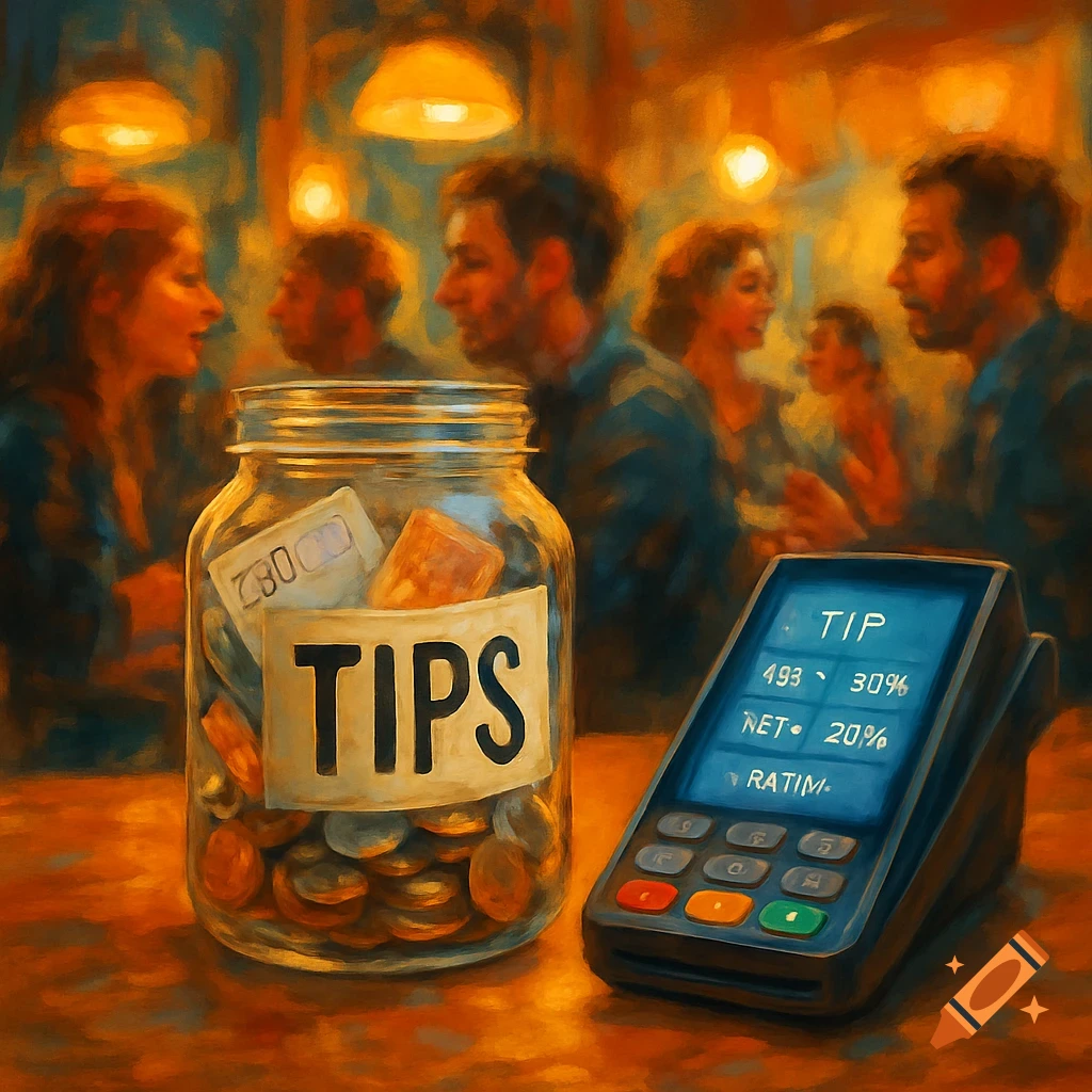 An impressionistic painting of a tip jar full of coins and paper notes, next to a card machine displaying tip options. Blurred figures are in the background of a warm-lit cafe.