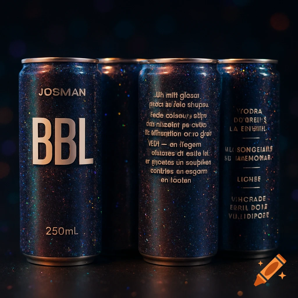Four dark blue cans with gold lettering, sparkling with glitter, on a dark background. The front can reads "JOSMAN BBL 250mL".
