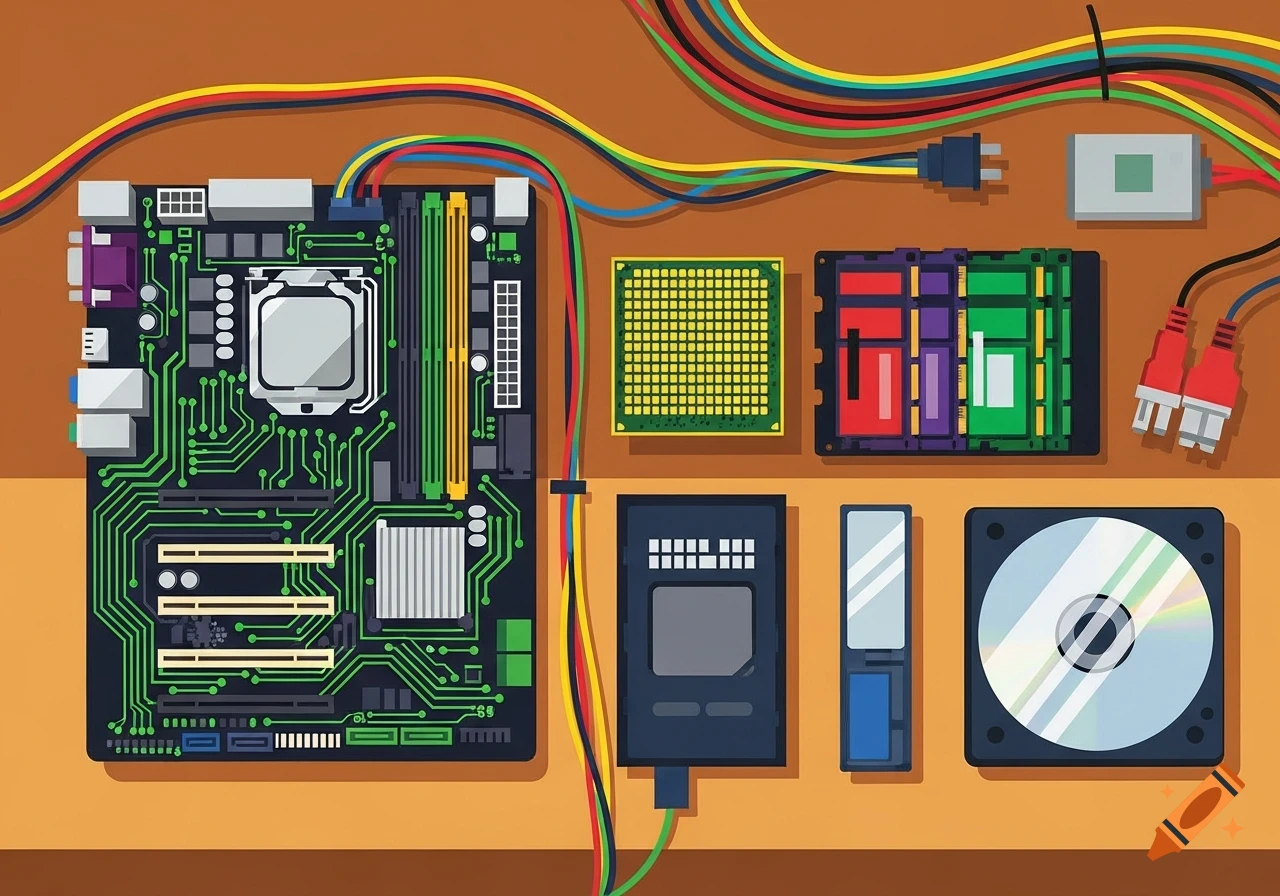 Clipart style flat lay of computer hardware components, including a motherboard, CPU, RAM, storage drive, and colorful cables.